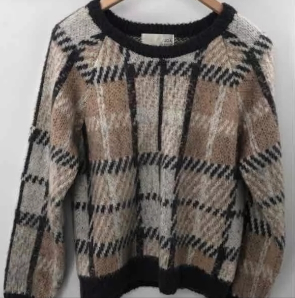 J.O.A Women's Tan Checkered Crewneck Mohair Wool Pullover Sweater SZ S - Picture 7 of 12